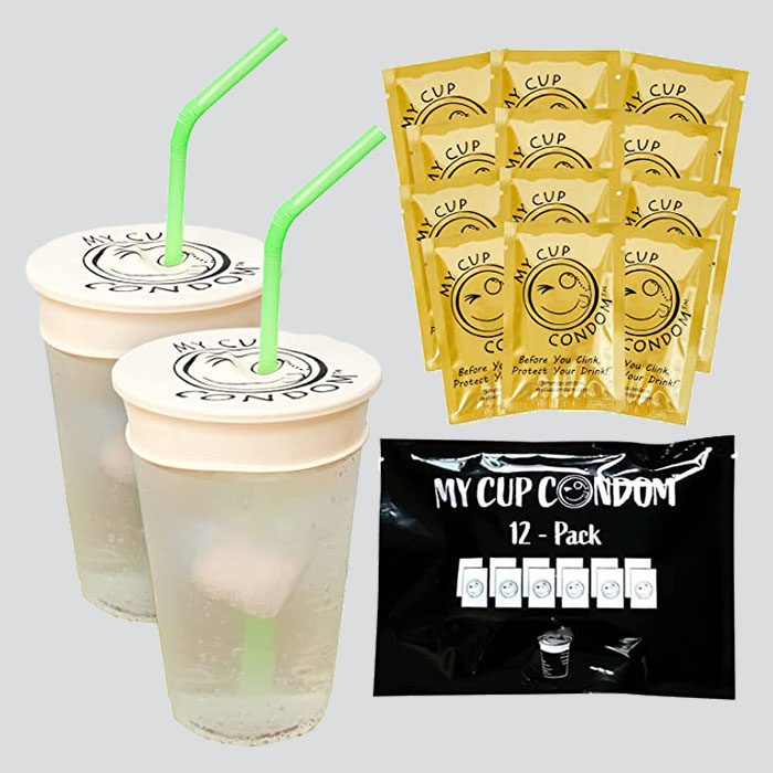 Image of two cups with cup condoms on them