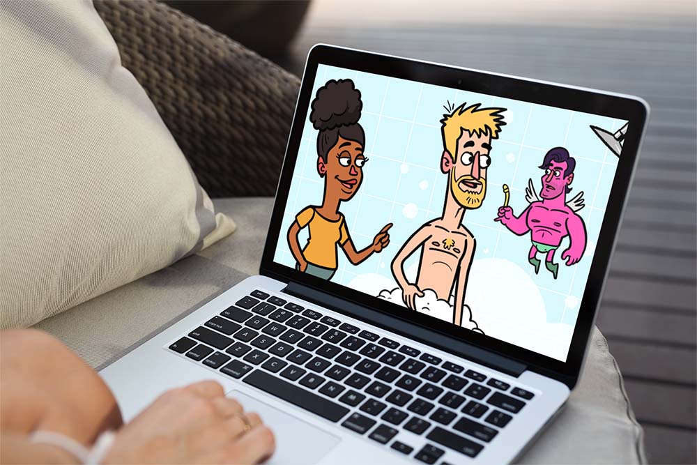 Cartoon man taking a shower when the Foreskin Fairy appears