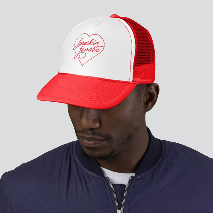 Red hat with 'foreskin fanatic' inside a heart