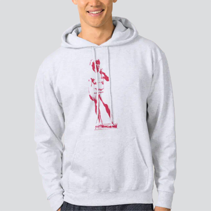 Light grey hoodie that says 'Say the F-word: Foreskin' with a pink image of the statue of David