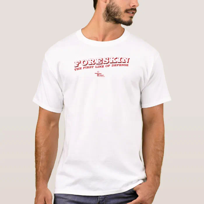 Super hero-style text that says 'Foreskin: The First Line of Defense'