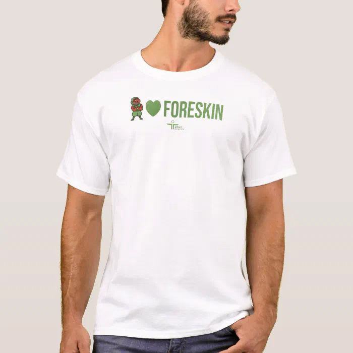 Green super hero illustration with the text 'I love foreskin'