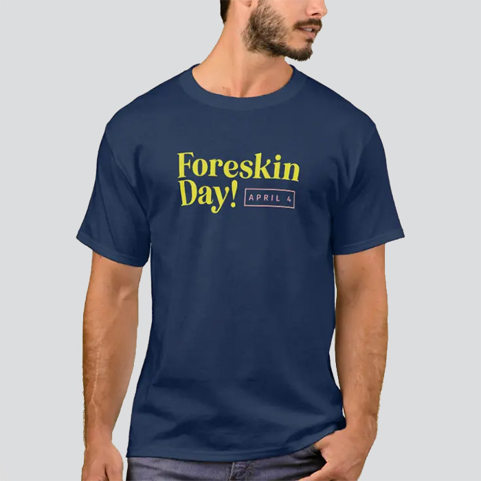 Navy shirt with the Foreskin Day logo