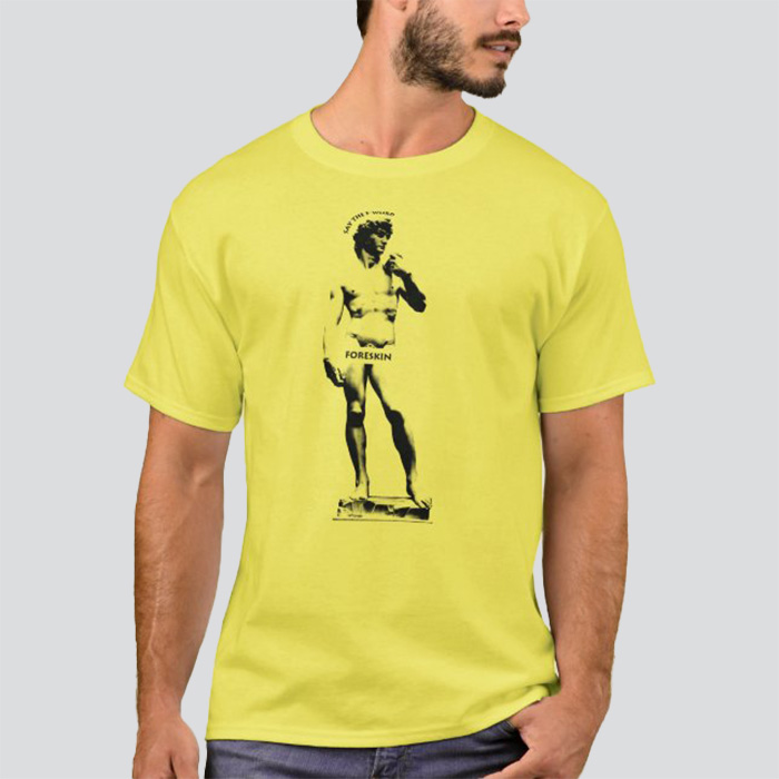 Blue shirt that says 'Say the F-word: Foreskin' with a black image of the statue of David